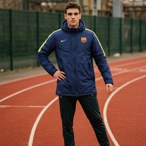 Storm Navy Hooded Puffer Jacket with Neon Yellow Stripes